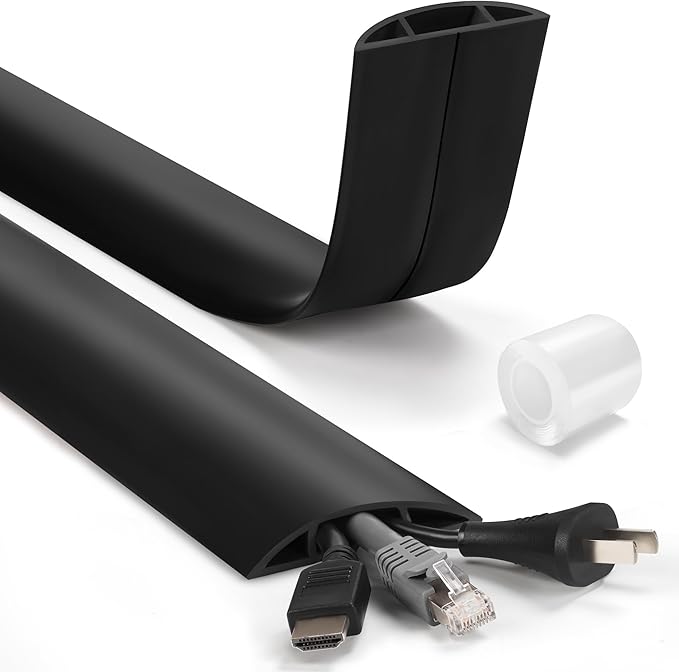 LZEOY 4ft Cord Hider Floor, Heavy Duty Cord Covers for Wires on Floor, Black Floor Cable Management, Hide Cord Cover Floor, Electrical Cable Hider Cord Protector Floor, Cable Cavity: 0.78" W x 0.32" H