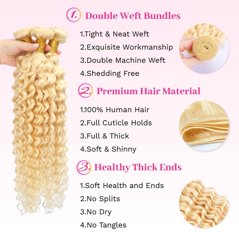 613 Bundles Human Hair 16 Inch Blonde Deep Wave Bundles Human Hair 1 Bundle 14A Grade 100% Unprocessed Brazilian Virgin Raw Hair Weave Extensions for women 100g