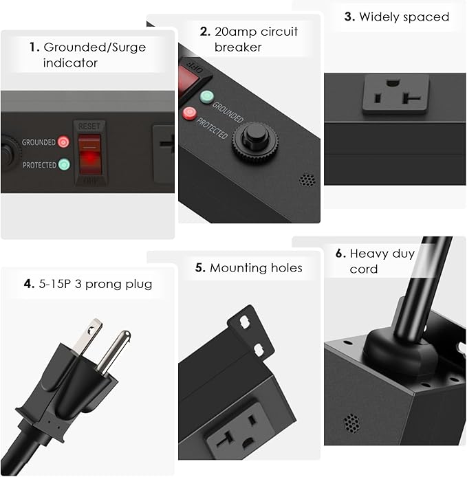 JUNNUJ Long Metal 16 Outlet Power Strip,Wide Spaced Wall Mount Metal Multiple Plugs for Industrial Garage Shop,Power Strip Surge Protection 4800J, 5-15P High Amp 6-20R T-Slot (Black, 6FT)