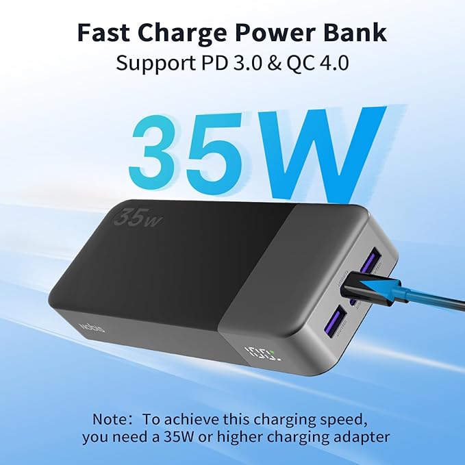 NOBIS Portable Charger, 20000mAh Power Bank, 35W Power Bank Fast Charging, Battery Pack with C to C Cable, Battery Bank with Digital Display for iPhone Android etc (Black)