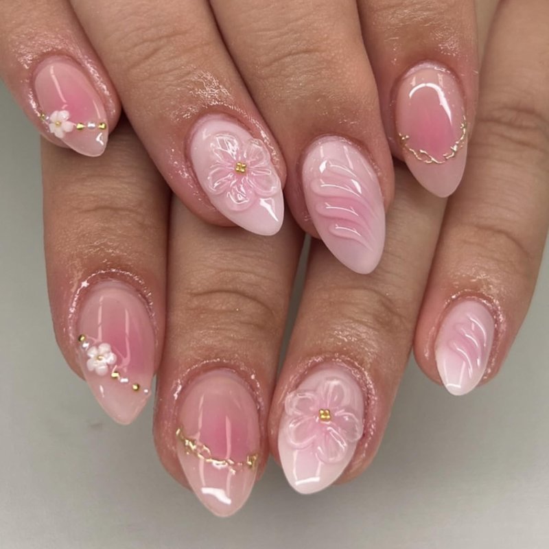 XZMeiLun 3D Flower Press On Nails Short Almond â Pink White Ombre Gold Line Designs, Acrylic Reusable Fake Nails with Adhesive Tabs Glue, Salon Quality Nail Press Ons - Nail Kit for Women Manicure