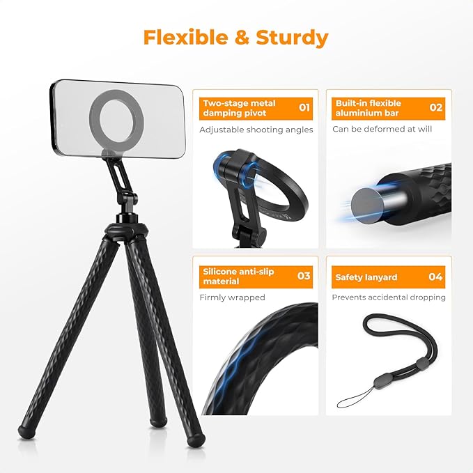 K&F CONCEPT Flexible Tripod, Magnetic Flexible Phone Stand with Wireless Remote, Mini Vlogging Tripod, Compatible with iPhone 17 Pro Max/16/15/14/13/12 All Phones and Actions Camera.