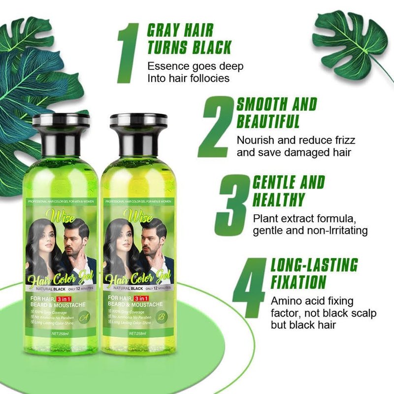 Natural Hair Color Gel - 3 in 1 Semi-Permanent Black Dye for Gray Coverage | Plant-Based with Olive Extract, 500ml x 2
