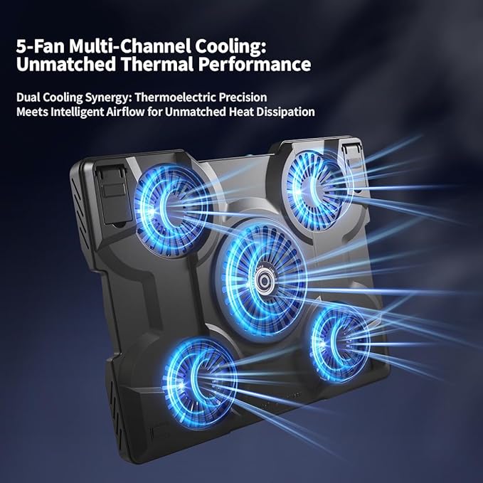 Yiodelu Thermoelectric Laptop Cooling Stand with 5 Fans - Adjustable Height for Laptops up to 19", Compatible with MacBook, Alienware, ROG & Gaming Laptops