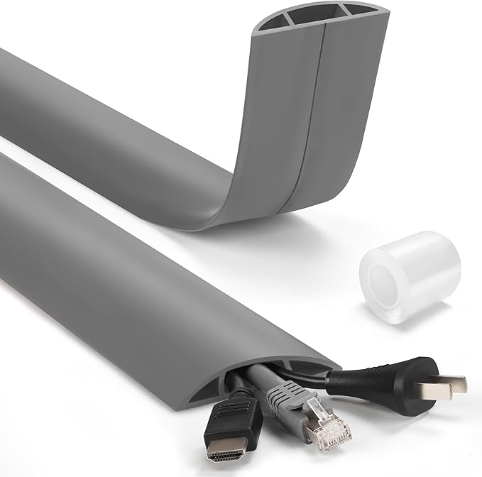 LZEOY 4ft Cord Cover for Wires on Floor, Grey Extension Cable Management, Hide Electrical Hider Protector, Cable Cavity: 0.78" W x 0.32" H
