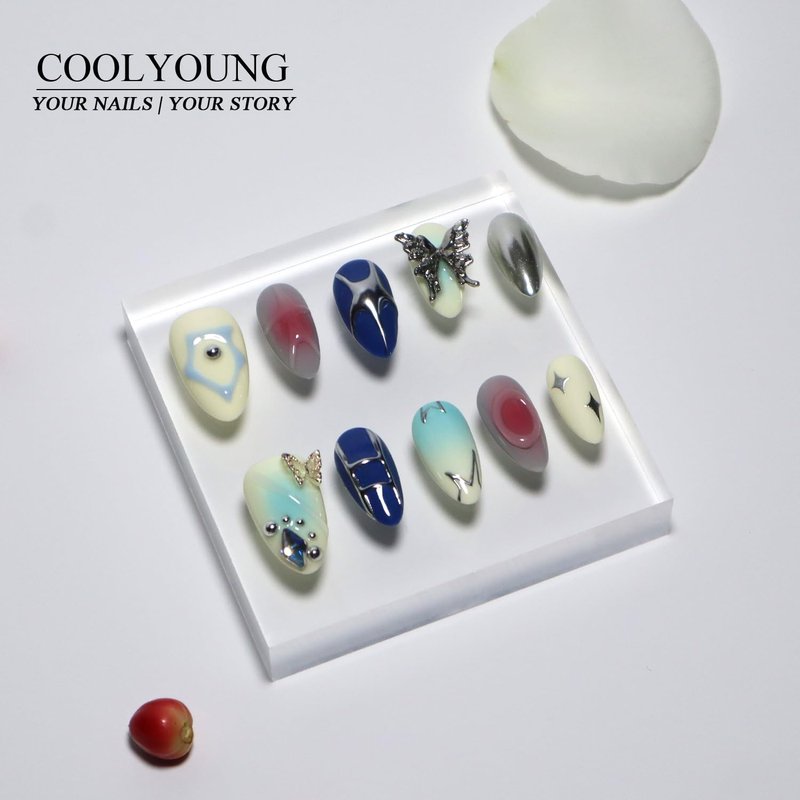 Homemade Press On Nails, Short Almond Press On Nails, Press On Nails Acrylic, Blue Press On Nails, Fake Nails With Designs, Press On Nails 3D, COOLYOUNG Handmade Nails, 10 PCS, Size S