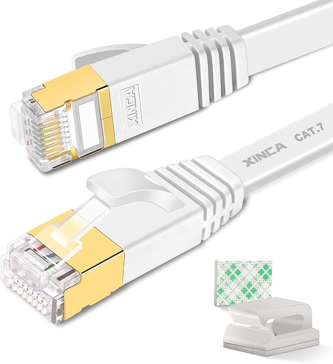 XINCA Cat 7 Flat Ethernet Cable 15ft White, High Speed 10GB Shielded (STP) LAN Internet Network Cable Ethernet Patch Computer Cable with Rj45 Connectors and 5pcs Adhesive Cable Clips
