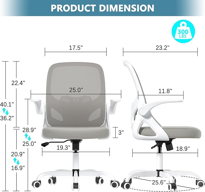 Kensaker Home Desk Chair with Back Supportive Lumbar Support, Breathable Double Mesh Cushion Home Desk Office Chair with Flip up Arms, Modern Ergonomic Home Office Chair for Work(Gray)