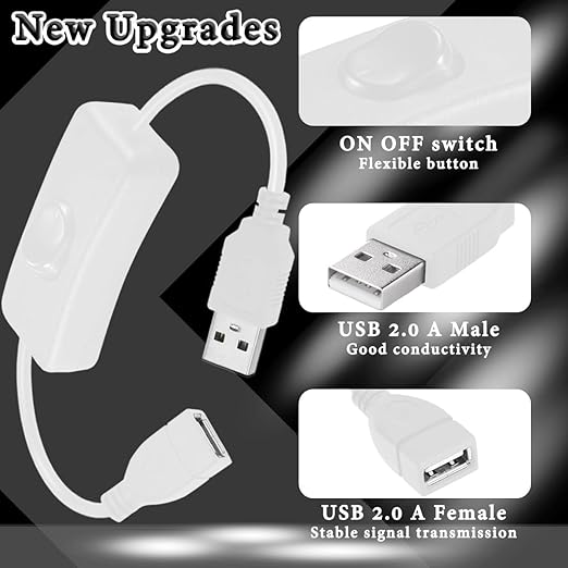 MKBKLLJY 4PCS USB Power Switch Cable USB 2.0 A Male to Female Extension Cord On/Off Adapter with Inline Rocker Switch with Cable Ties for Driving Recorder Small Desk Lamp LED Strip (White)
