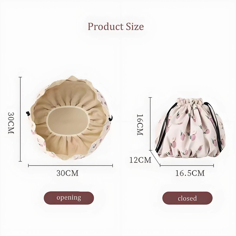 YoyoZest Large Capacity Drawstring Makeup Bag -Waterproof Oxford Cloth, Floral & Fruit Print, Multiple Inner Pockets, Lightweight & Portable for Travel & Daily Use (Milk Apricot)