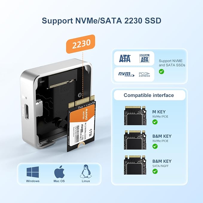 MAIWO 2230 M.2 NVMe SATA Enclosure USB3.2 Gen2 10Gbps Tool Free Aluminium Shell, Compatible with PCIe NVMe M-Key & SATA B+M Key M.2 2230 SSD, Support iPhone 15/16 Pro Max ProRes