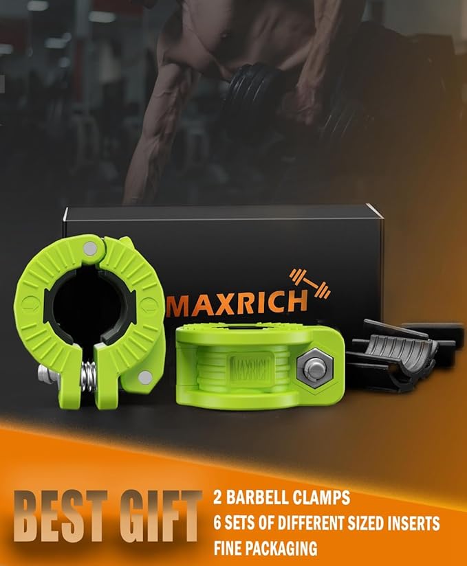 MAXRICH Barbell Clamp 1 inch Multiple Sizes & Adjustable Weight Clips for Barbell Quick Release Barbell Clips|Barbell Collar Bar Locks for Weight Lifting (Green)