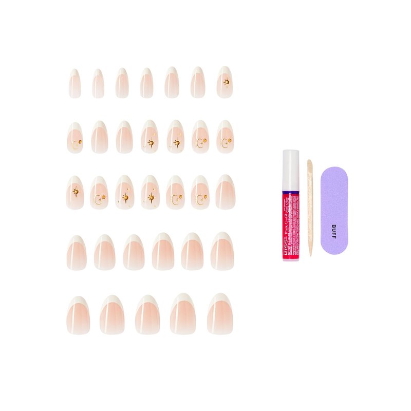 Kiss Glam, Press On Nails, Nail glue included, 'Zephyr', White, Medium Size, Almond Shape, Includes 32 Nails, 2g Glue, 1 Manicure Stick, 1 Mini File