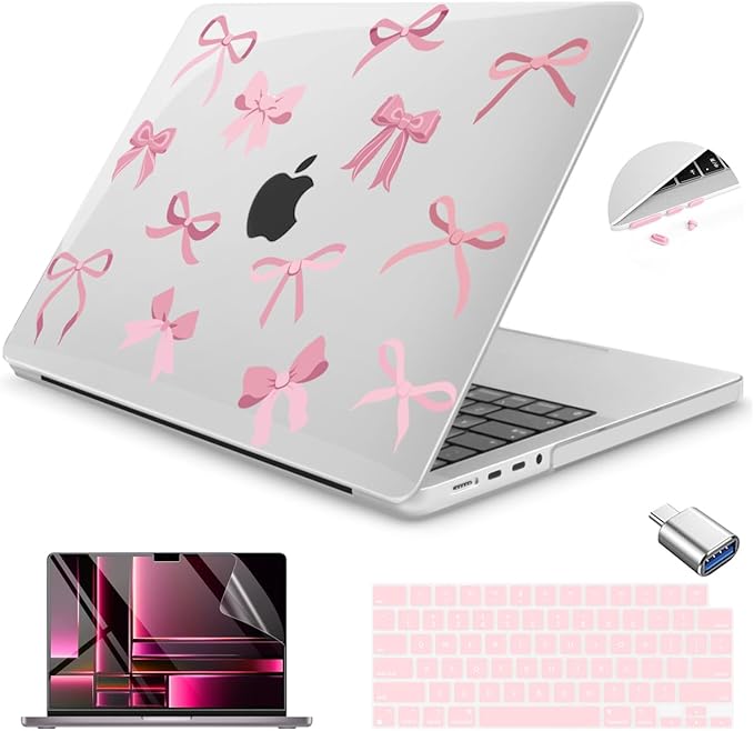 Teryeefi Case for M5 M4 MacBook Pro 14 inch 2025 2024 2023 2021 M4 A3112 A3401 A3185 M3 A2918 A2992 M2 A2779 M1 A2442, Hard Shell Cover + Keyboard Cover for 14 inch MacBook Pro, Cute Pink Bows