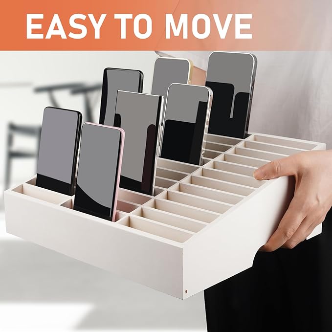 Lzttyee Wooden 36-Grid Cell Phones Storage Box Desktop Mobile Phone Holder Organizer for Office School Classroom (36-Grid White)