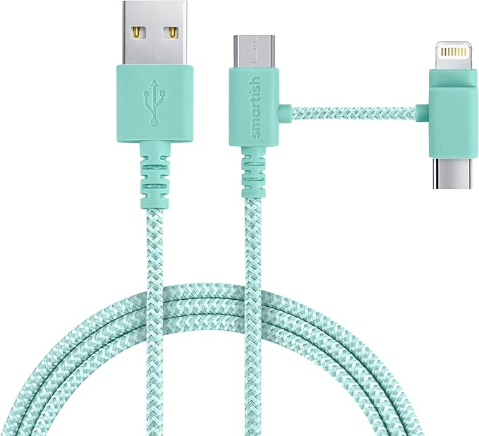 Smartish USB-C/Lightning Cable 17/16/16e/15/14 - Crown Joule - 6Foot Universal Fast Fabric Wrapped Charging Cable w/Micro-USB - MFi Certified 13/12/SE/iPad/AirPods/Android - Green