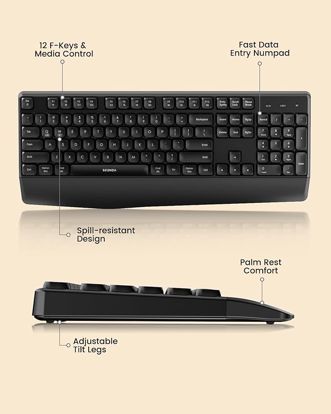 seenda Wireless Bluetooth Keyboard Mouse Combo, COE200 Ergonomic Keyboard with Wrist Rest, Silent Mouse, Multi-Device Connection, Full-Size Compatible for Windows PC Laptop Mac MacBook, Black