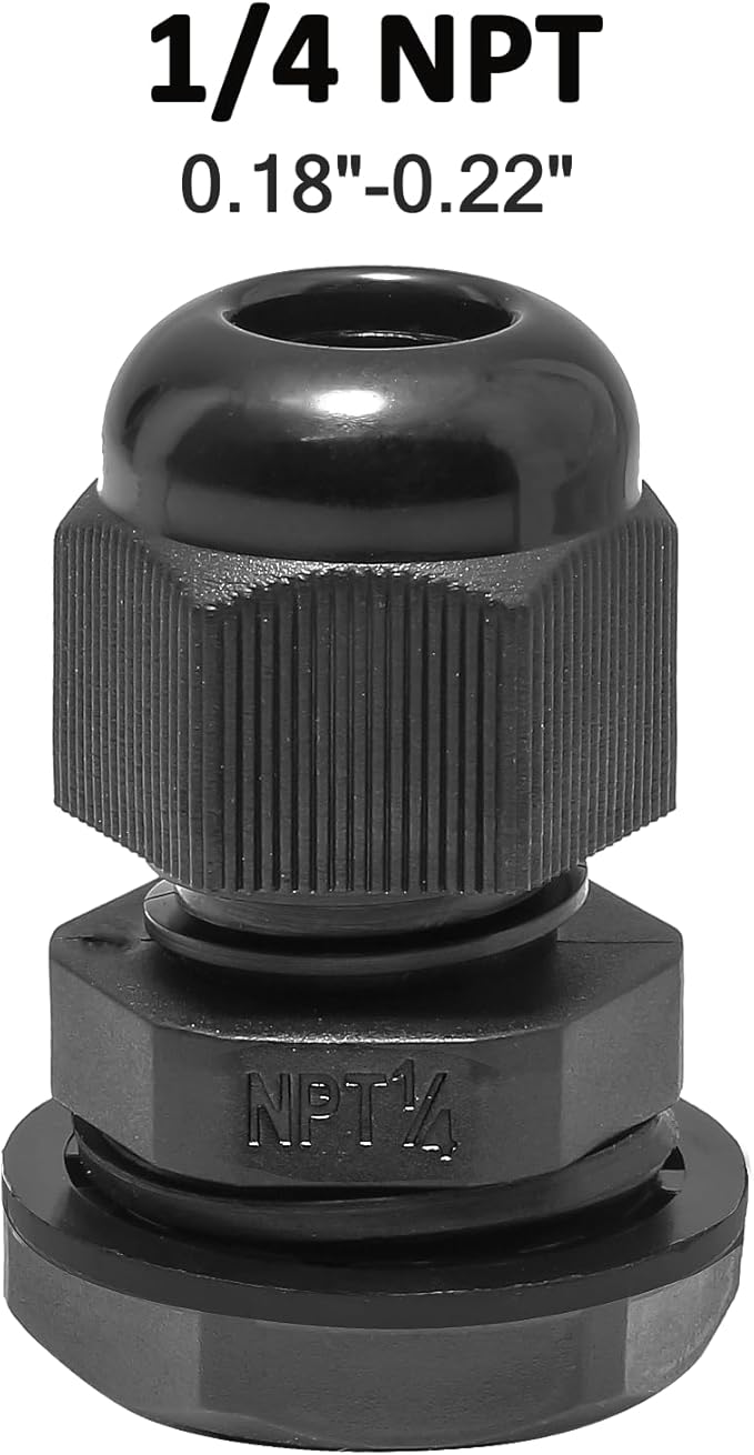 Bonsicoky 10 Pcs 1/4" NPT Nylon Cable Glands, IP68 Waterproof Adjustable Cord Grip Cable Connector Strain Relief Wire Protectors for 4-6mm Cable Diameter, Black