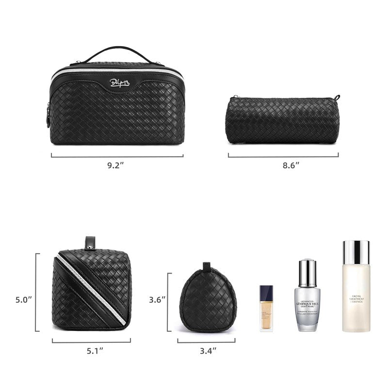 BOYATU Travel Makeup Bags for Women: 3 Pcs Large Make up Bags Set - Vegan Leather Cosmetic Bag for Traveling - Waterproof Toiletry Organizer (L05 Black)