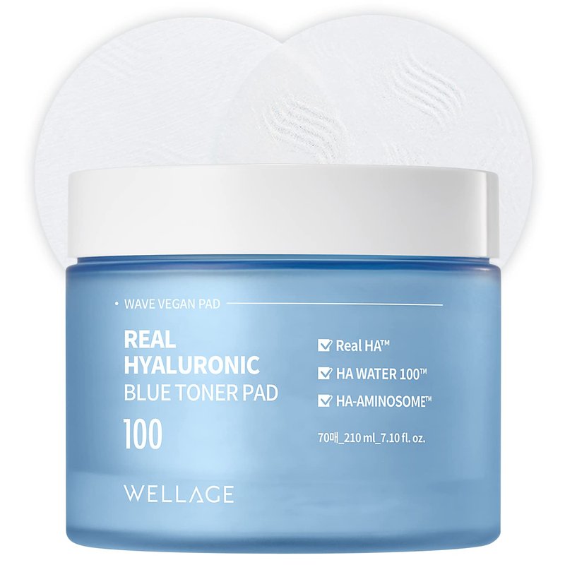 WELLAGE Real Hyaluronic Blue Toner Pad â Korean Skincare Zero Pore Facial Pads 70 Sheets, Hyaluronic Water Jojoba, Quick Soothing & Moisturizing - Hypoallergenic Exfoliating for Skin Smooth