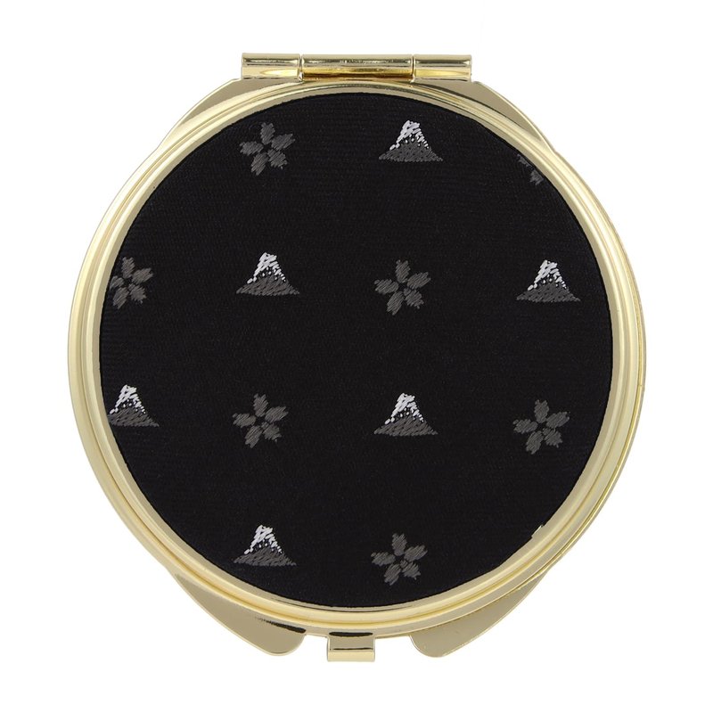 FORTUNA Tokyo Compact Mirror, Nishijin Textile Silk Hand Mirror, Double-Sided Mirror, Magnifier, Made in Japan, Round Size, Mt. Fuji and Cherry Blossom Pattern -18, Hokusai (Black/Gold)