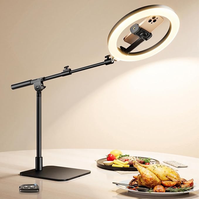 LUXSURE Ring Light with Stand for Desk,Adjustable Overhead Phone Mount with 10" Selfie Light Phone Tripod with Ring Light and Remote, Phone Stand with Light for Video Recording,Live Stream,Cooking
