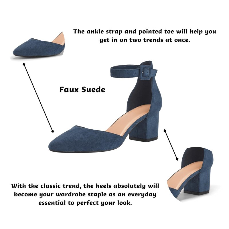 LAICIGO Women’s Chunky Heels Closed Pointed Toe Pumps Ankle Strap Comfortable Block Heels Dress Pump Shoes Navy Suede