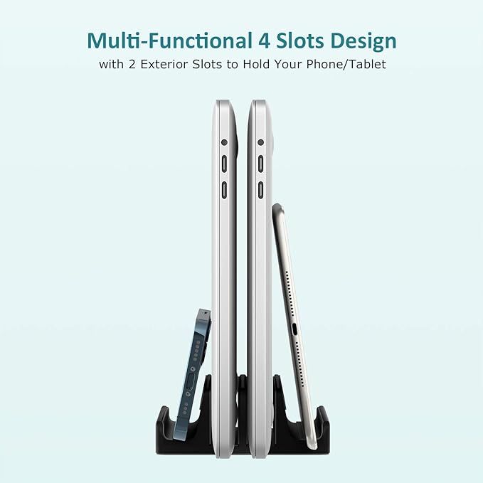 Nukoi Vertical Laptop Stand - SPACEMax Adjustable GRIPLock Anti-Tip Silicone 4 Slots Aluminum Desktop Holder - Double Dock Stand - 2 Phone Slots Fits Up to 17.3” Laptops, Tablets, Phones - Black