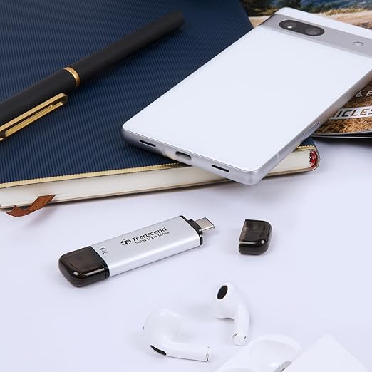 Transcend ESD310 512GB External SSD, Up to 1,050MB/s, Dual USB Flash Drive for iPhone/iPad/Mac/Windows/Android/Tablet/PC, USB3.2Gen2 Thumb Drive Photo Stick, 2-in-1 Type C &Type A Memory Stick-Silver