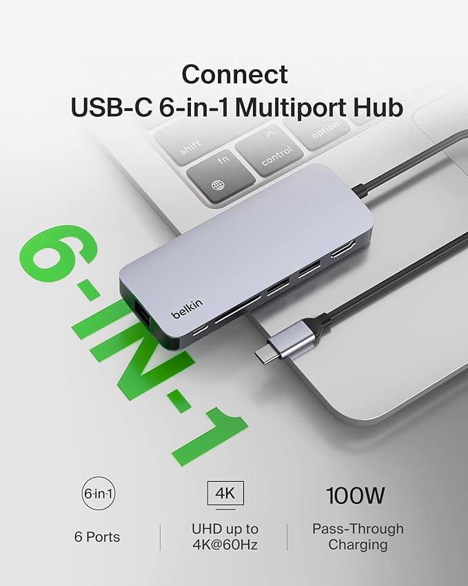 Belkin USB-C Hub - 6-in-1 Multi-Port Adapter Dock with 4K HDMI, USB-C 100W PD Pass-Through Charging, 2x USB-A Ports, Gigabit Ethernet Ports and SD Slot for Neo MacBook, Pro, Air, iPad, Pro, XPS & More
