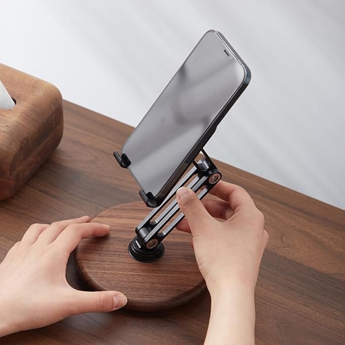 xjwoodsmart iPhone Stand for Desk, Phone Stand Adjustable Foldable, Cell Phone Holder 360 ° Rotation, Compatible with iPhone 17 16 15 14 13 12 Pro Xs Xs Samsung Galaxy Tablets All Phones, Walnut Wood