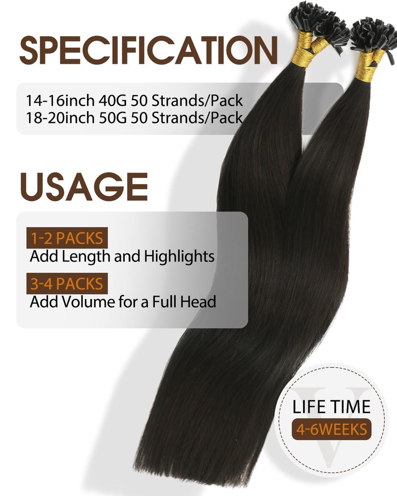 U Tip Hair Extensions - Real Human Hair, Darkest Brown, 14 Inch | Keratin Fusion, 40g, Natural Straight