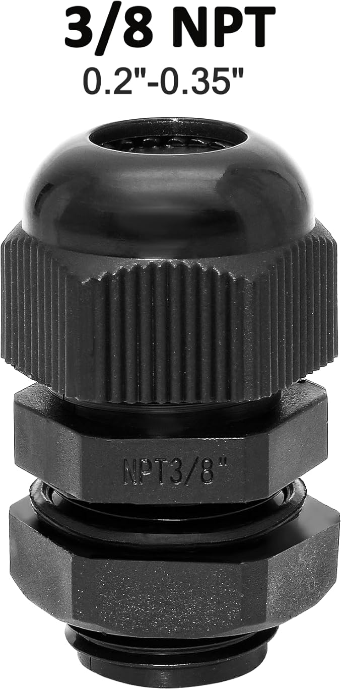 Bonsicoky 20 Pcs 3/8" NPT Nylon Cable Glands, IP68 Waterproof Adjustable Cord Grip Cable Connector Strain Relief Wire Protectors for 5-9mm Cable Diameter, Black
