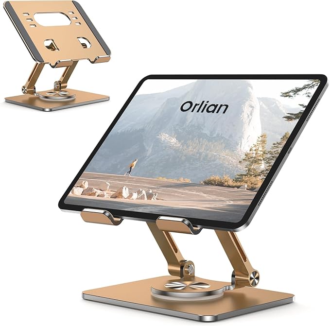 Orlian Tablet Stand Holder with Thickened 360°Rotating Base Dual Rod Adjustable Aluminum Stand for All 5.8-12.9” iPad Samsung Phone Tablet Kindle E-Reader and More, Gold