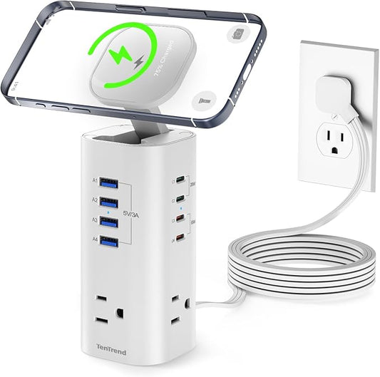 115W Fast Charging Station, TenTrend Power Strip Tower Surge Protector, 5FT Extension Cord with 3AC Outlets & 8 USB Ports(4 USB-C), Flat Plug Charging Tower for Home, Office Supplies, Dorm Room