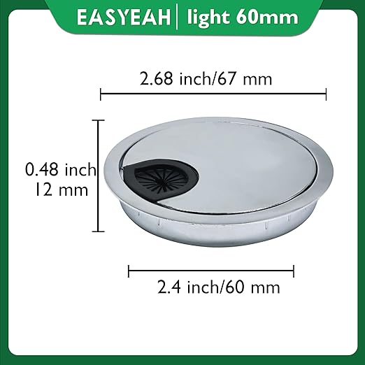 EASYEAH 2 Pcs Desk Grommet 2-3/8" / 60 mm, Desk Cord Hole Cover, Cable Grommet Metal Zinc Alloy Materilal, Desk Hole Grommet for Home & Office Pc, Detachable Cable Cord Organizer-Bright Silver