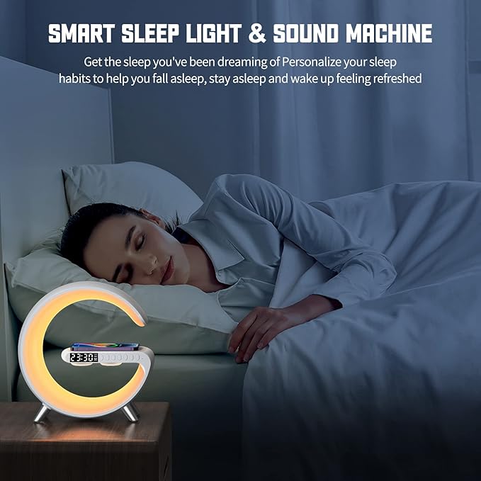 Boenim Smart Table Lamp with 4-in-1 Wireless Charger, Night Light, Bluetooth Speaker, Alarm Clock, App Control, Office, Bedroom, Home Decor (Black)