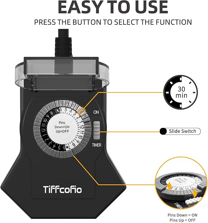 TiFFCOFiO Outdoor Timer Outlet Waterproof, 24 Hour Mechanical Light Timer Outdoor, 3 Grounded Outlets for Home and Garden, 15A 1/2HP, Heavy Duty, ETL Listed (1 Pack)