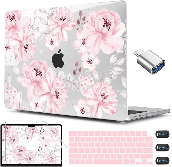 CISSOOK Compatible with MacBook Air 13.6 inch Case M5 M4 M3 M2 Chip 2026 2025 2024 2023 2022, Hard Shell Case Keyboard Cover Screen Protector for Mac Air 13 A3240 A3113 A2681 A3449, Cute Pink Flower