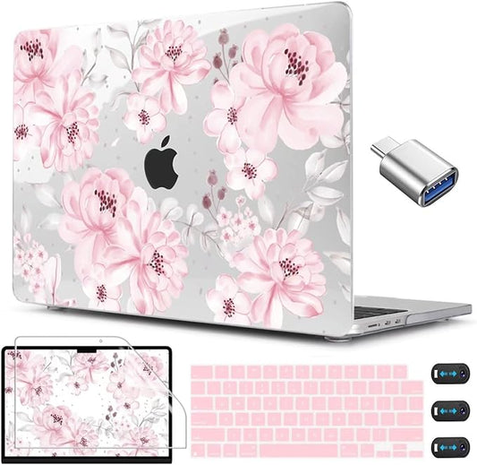 CISSOOK Compatible with MacBook Air 13.6 inch Case M5 M4 M3 M2 Chip 2026 2025 2024 2023 2022, Hard Shell Case Keyboard Cover Screen Protector for Mac Air 13 A3240 A3113 A2681 A3449, Cute Pink Flower