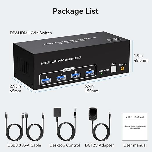 ATLAHET 8K KVM Switch 3 Monitors 2 Computers 8K 60Hz 4K 120Hz KVM Switches HDMI+2 Displayport for Two PC Share Triple Monitor