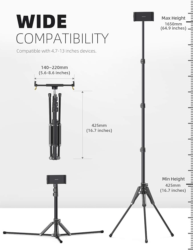 Lamicall Tablet Floor Tripod Stand - 64.9" Tablet Holder Mount with Adjustable Height for Watching, Bluetooth Remote, for 4.7-13" iPad Pro 12.9 11 10.5 Mini, Air, iPhone, Galaxy Tabs