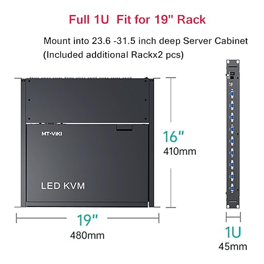 MT-VIKI Rack Mount KVM w/15.6" LCD Monitor, 8 Port VGA KVM Switch, 1080@60Hz 1U Integrated Monitor Keyboard, Fits 18.9" to 31.5" Deep Racks (480-800mm), Included 8 Cables for Server Room, Data Center