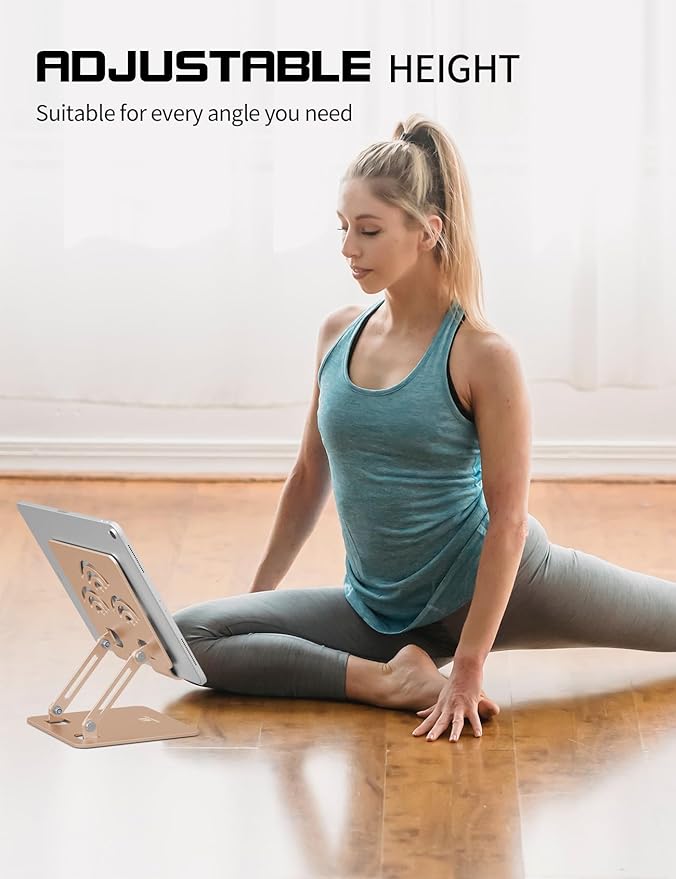 ToBeoneer Tablet Stand, Adjustable Tablet Holder for Desk, Premium Aluminum Portable Holder for iPads, Kindle, Switch, and Smartphones, Fits 4-12" Devices Gold, Pro Size