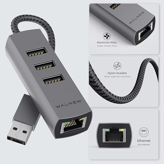 USB A to Ethernet Adapter, WALNEW USB 3.0 to RJ45 Gigabit Ethernet Adapter, Compatible with Mac,MacBook Pro/Air,Samsung Galaxy Tab