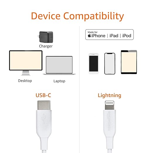 Amazon Basics USB-2.0 Type C to Lightning Cable, MFi Certified, 3 Feet, White