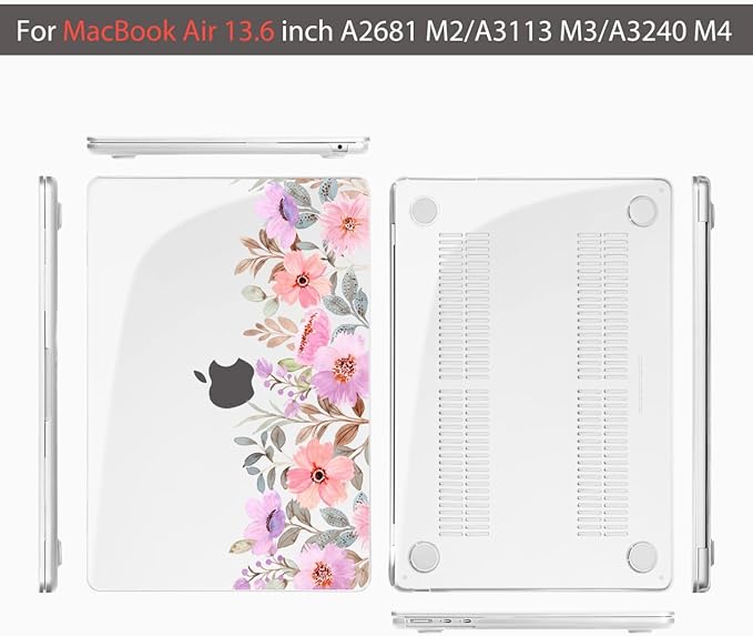 Teryeefi for MacBook Air M5 M4 M3 M2 13 inch Case 2026 2025 2024 2022 Release fits Model A3449 A3240 A3113 A2681, Hard Shell Case with Keyboard Cover+Screen Protector, Pink Flower Garden-A
