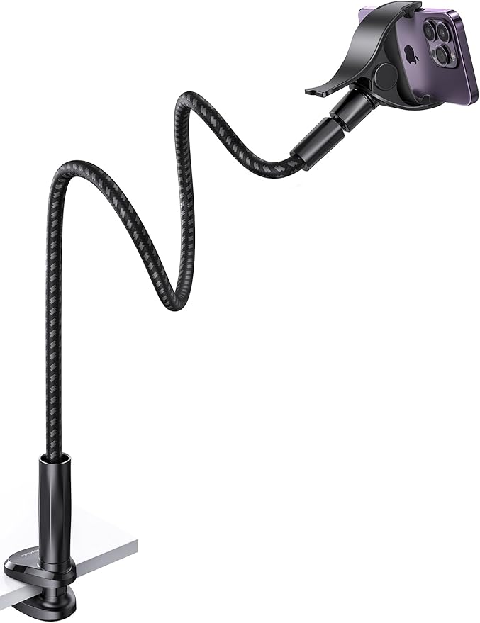 Aomiker Gooseneck Phone Holder for Bed - [Unique Nylon Braid] 38” Long Flexible Lazy Arm Clip, 360 Adjustable Overhead Phone Mount for iPhone 15 14 13 12 11 Pro Max Mini Plus, All 4-7" Cellphone