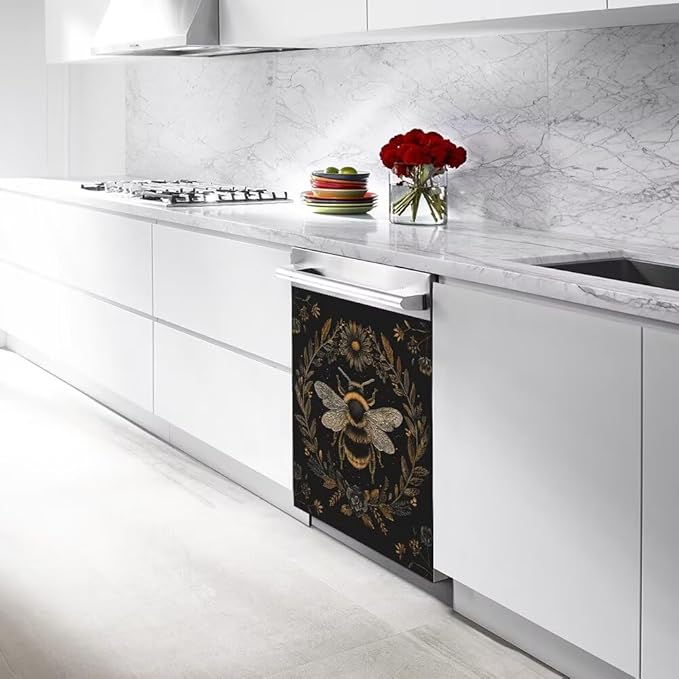 Flower and Bee Dishwasher Cover Sticker Decal, Black, Modern, Floral, Vinyl, Rectangular, Indoor, 23W x 26H inchs