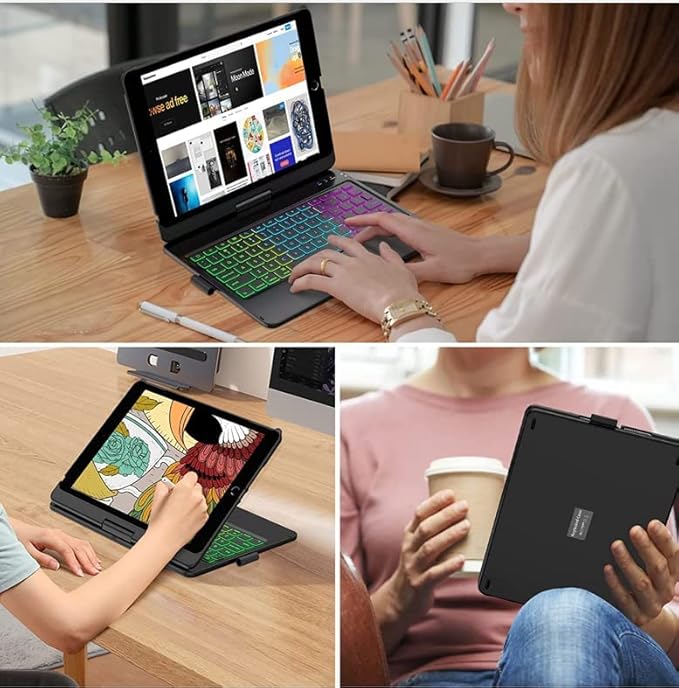 PboyiqiS Keyboard Case for iPad 10.2 9th/8th/7th Gen, Rotating Case for iPad9/iPad8/iPad7 with Backlits Touchpad Keyboard-360° Rotatable Smart Cover with Pencil Holder, Black